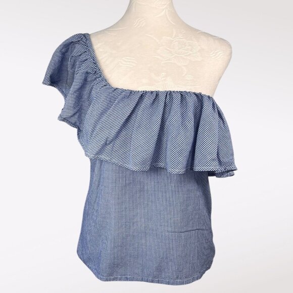 Joe’s Collection One Shoulder Ruffle Gingham Top Blue White Size Small - Picture 1 of 8